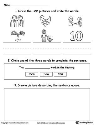 Circle pictures, trace words and draw in this EN Word Family printable worksheet.