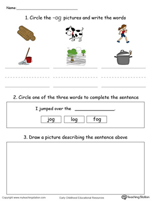 Circle pictures, trace words and draw in this OG Word Family printable worksheet in color.