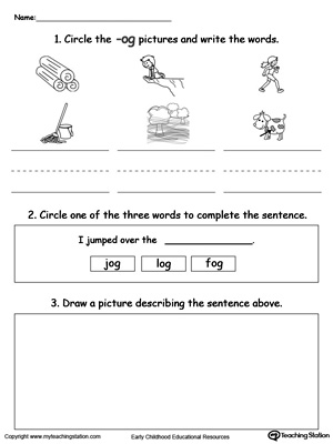 Circle pictures, trace words and draw in this OG Word Family printable worksheet.