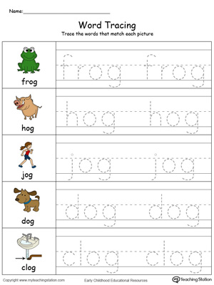 Trace and write short words with this OG Word Family printable worksheet in color.