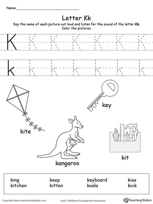Preschool learning letter sounds printable activity worksheets. Encourage your child to learn letter sounds by practicing saying the name of the picture and tracing the uppercase and lowercase letter K in this printable worksheet.