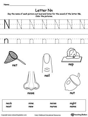 Preschool learning letter sounds printable activity worksheets. Encourage your child to learn letter sounds by practicing saying the name of the picture and tracing the uppercase and lowercase letter N in this printable worksheet.