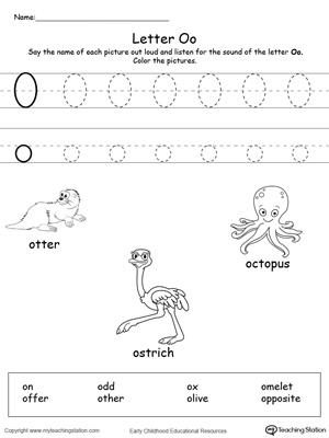 Preschool learning letter sounds printable activity worksheets. Encourage your child to learn letter sounds by practicing saying the name of the picture and tracing the uppercase and lowercase letter O in this printable worksheet.