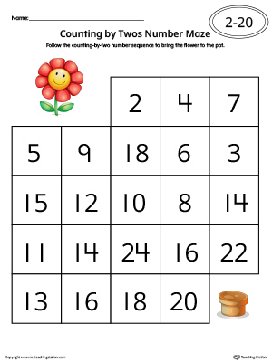 Counting by Twos Number Maze Worksheet in Color to practice skip counting from 1-20 in this printable worksheet.