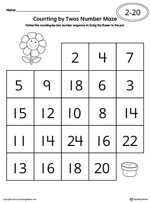Counting by Twos Number Maze Worksheet to practice skip counting from 1-20 in this printable worksheet.