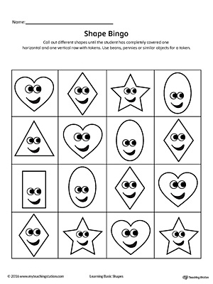 Practice identifying geometric shapes while having a ton of fun playing bingo! This card contains the heart, diamond, oval, rectangle, and star shapes.