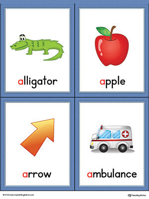 Letter A Words and Pictures Printable Cards: Alligator, Apple, Arrow, Ambulance (Color)
