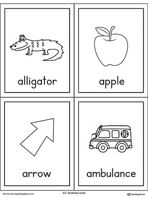 Beginning sound vocabulary cards for letter A, includes the words alligator, apple, arrow, and ambulance.