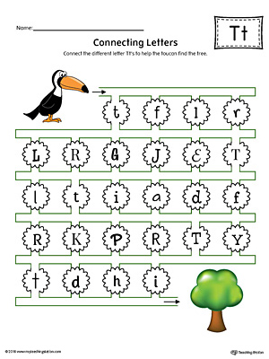 This kindergarten worksheet helps students find and connect letters to practice identifying the different letter T styles.