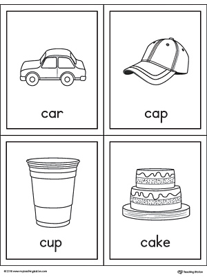 Beginning sound vocabulary cards for letter C, includes the words car, cap, cup, and cake.