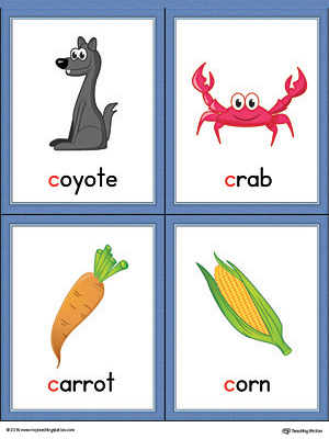 Printable beginning sound vocabulary cards for letter C, includes the words coyote, crab, carrot, and corn.