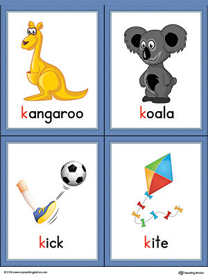 Letter K Words and Pictures Printable Cards: Kangaroo, Koala, Kick, Kite (Color)