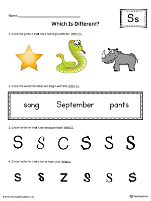 Use the Letter S Which is Different in Color to practice identifying the uppercase and lowercase letter S and it