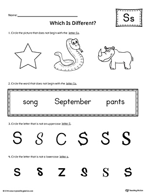 Use the Letter S Which is Different to practice identifying the uppercase and lowercase letter S and it