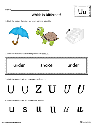 Use the Letter U Which is Different in Color to practice identifying the uppercase and lowercase letter U and it