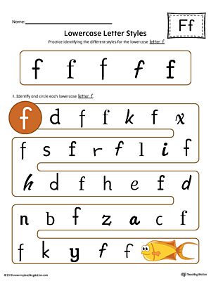 Practice identifying the different lowercase letter F styles with this colorful printable worksheet.