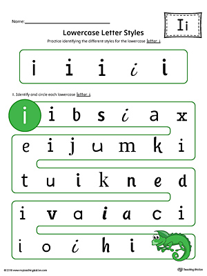 Practice identifying the different lowercase letter I styles with this colorful printable worksheet.