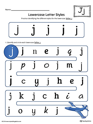 Practice identifying the different lowercase letter J styles with this colorful printable worksheet.