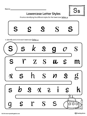 Practice identifying the different lowercase letter S styles with this kindergarten printable worksheet.