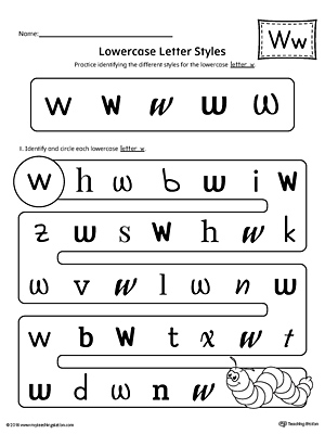Practice identifying the different lowercase letter W styles with this kindergarten printable worksheet.