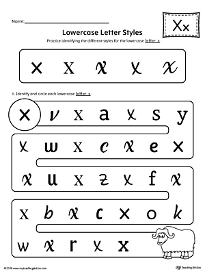 Practice identifying the different lowercase letter X styles with this kindergarten printable worksheet.