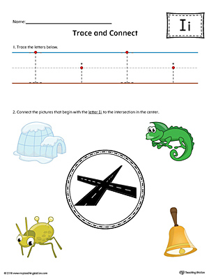 Trace Letter I and Connect Pictures (Color) printable worksheet available for download at myteachingstation.com.