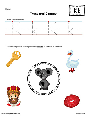 Trace Letter K and Connect Pictures (Color) printable worksheet available for download at myteachingstation.com.