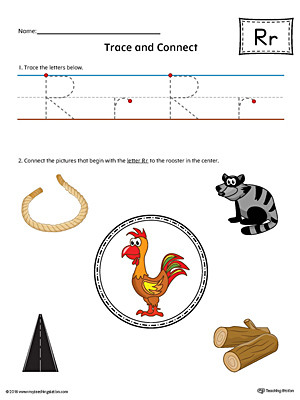 Trace Letter R and Connect Pictures Worksheet (Color)
