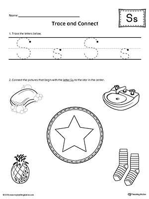 Trace Letter S and Connect Pictures printable worksheet available for download at myteachingstation.com.