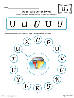 Practice identifying the different uppercase letter U styles with this colorful printable worksheet.