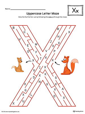 Uppercase Letter X Maze Worksheet (Color)