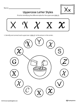 Practice identifying the different uppercase letter X styles with this kindergarten printable worksheet.