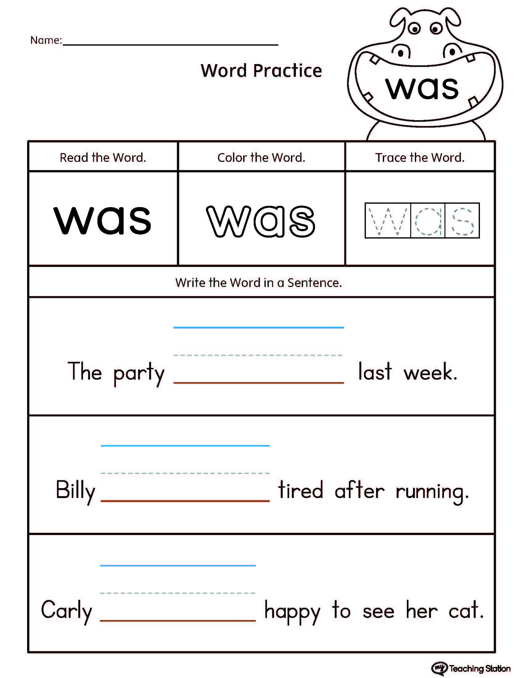 Build Sentences Using Sight Word: WAS
