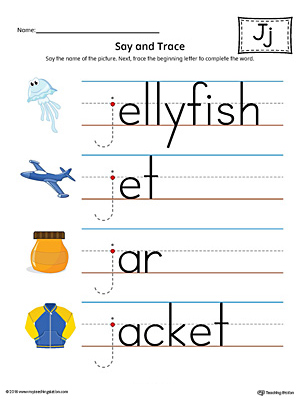 Practice saying and tracing words that begin with the letter J sound in this printable worksheet.