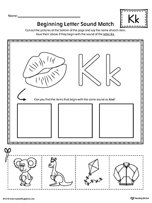 Practice matching the picture that represents the beginning sound of the letter K with the correct letter shape.