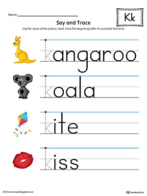 Practice saying and tracing words that begin with the letter K sound in this printable worksheet.