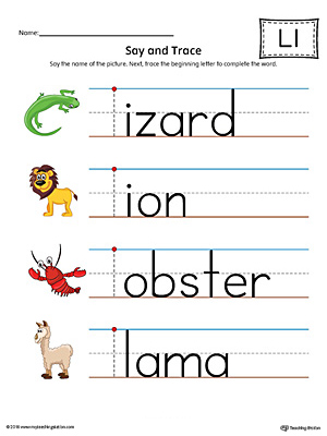 Say and Trace Letter L Beginning Sound Words Worksheet (Color