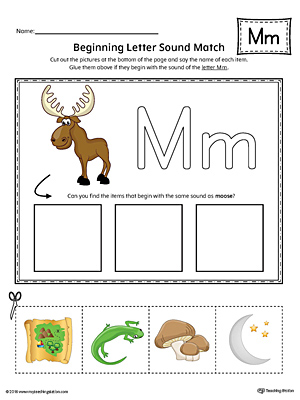 Practice matching pictures that begin with the letter M sound with the correct letter shape in this printable worksheet.