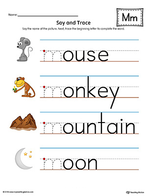 Practice saying and tracing words that begin with the letter M sound in this printable worksheet.