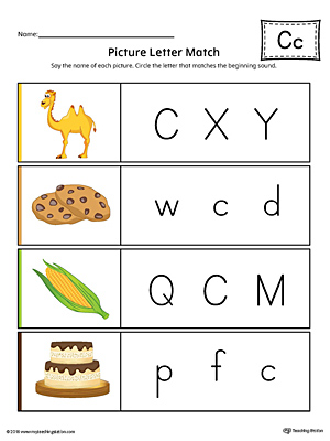 Picture Letter Match: Letter C printable worksheet will help your preschooler practice recognizing the beginning sound of the letter C.