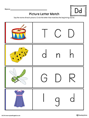 Picture Letter Match: Letter D Worksheet (Color)