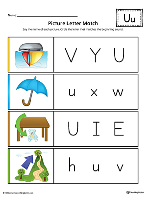 Picture Letter Match: Letter U Worksheet (Color)