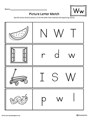 Use the Picture Letter Match: Letter W printable worksheet to practice recognizing the beginning sound of the letter W.