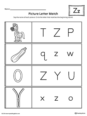 Use the Picture Letter Match: Letter Z printable worksheet to practice recognizing the beginning sound of the letter Z.