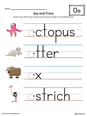 Say and Trace: Short Letter O Beginning Sound Words Worksheet (Color)