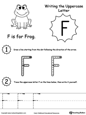 Help your child practice writing the uppercase letter F with this printable worksheet.