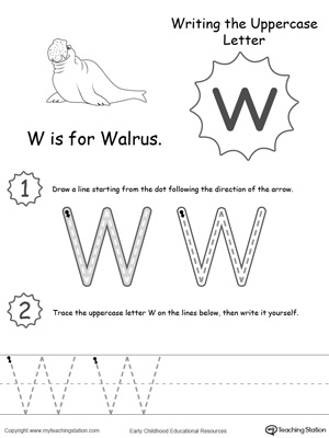 Help your child practice writing the uppercase letter W with this printable worksheet.