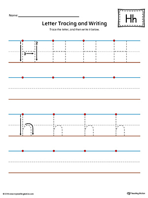Letter H Tracing and Writing Printable Worksheet (Color