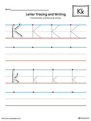 Letter K Tracing and Writing Printable Worksheet (Color)