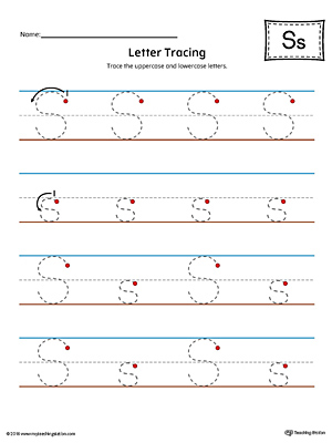 Trace the uppercase and lowercase letter S in this printable worksheet with red and blue guiding lines.